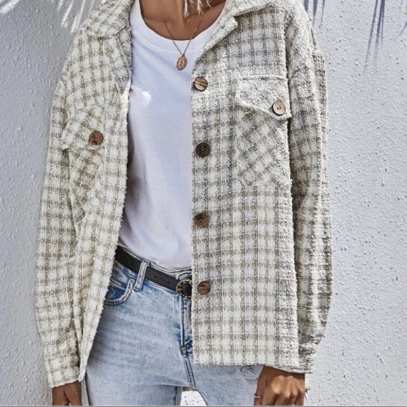 SHEIN Jackets & Blazers - SHEIN Plaid Tweed Neutral Shacket Size L